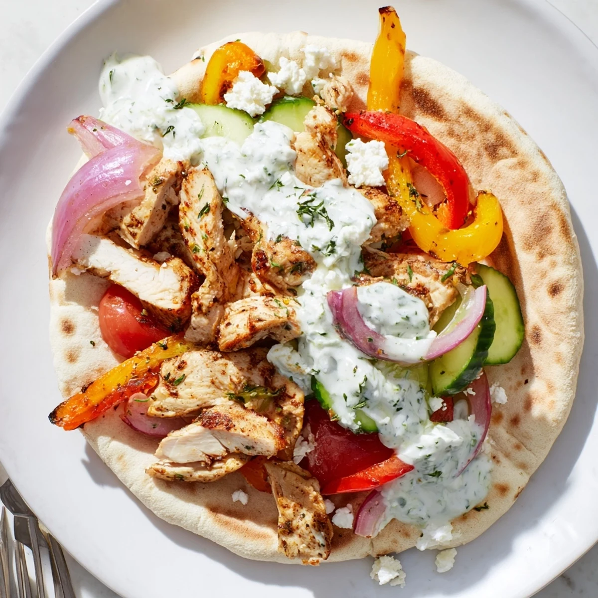 Golden roasted chicken and colorful bell peppers stuffed inside warm pita breads drizzled with creamy herby ranch sauce