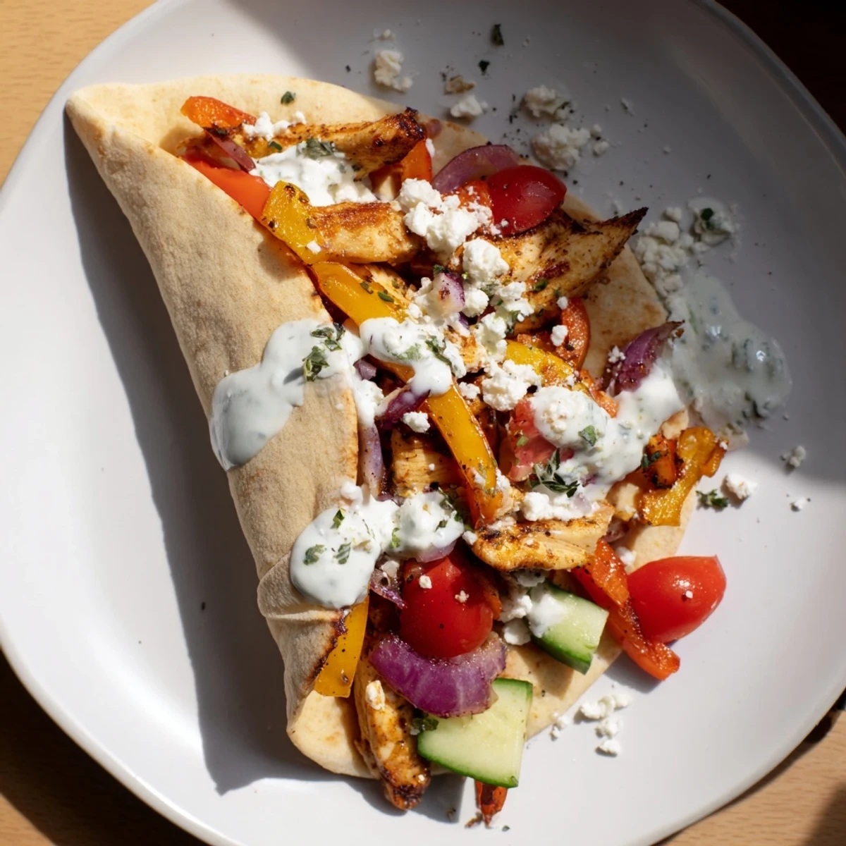 Mediterranean-style sheet pan chicken pitas loaded with tender vegetables and topped with fresh herb ranch dressing