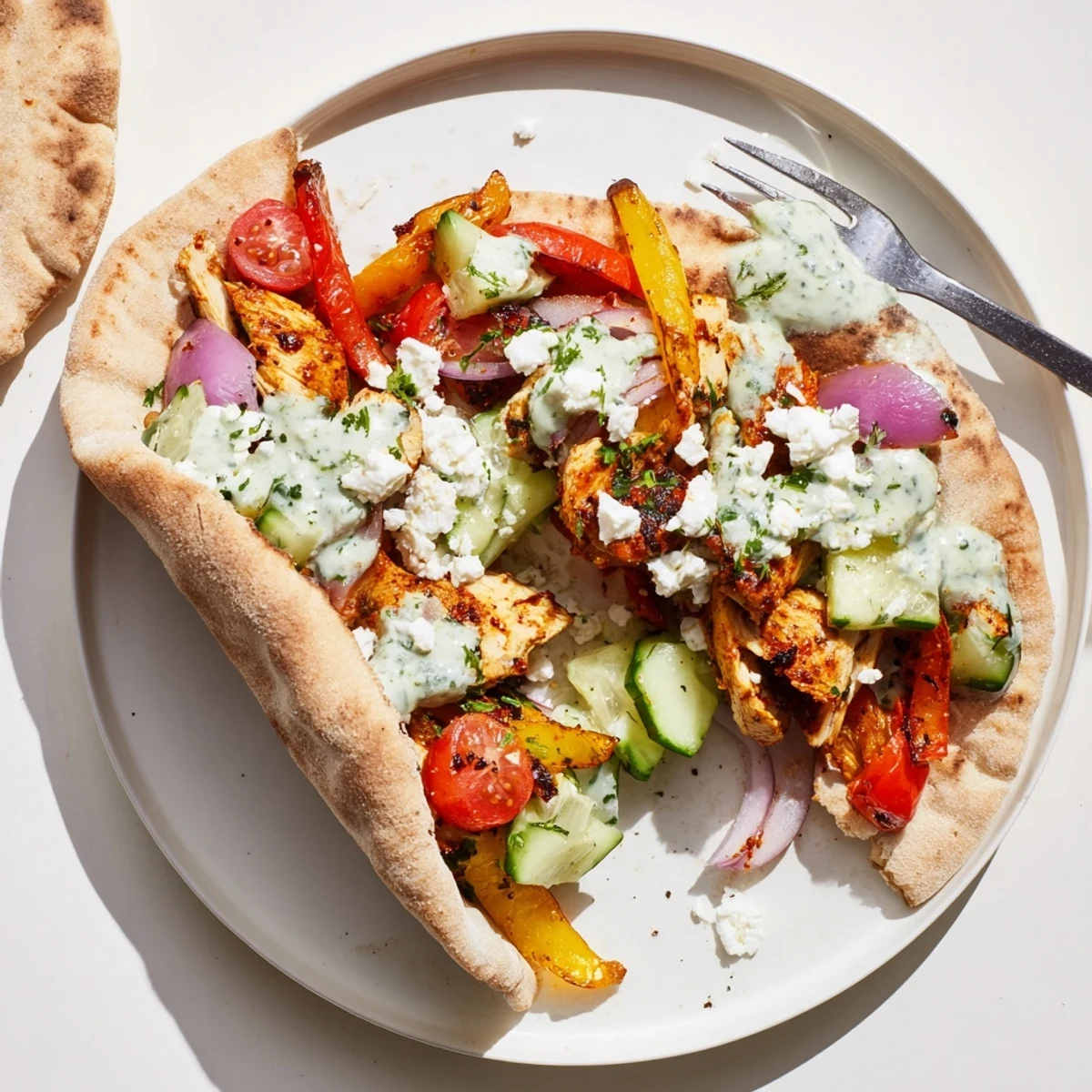 Complete chicken pita platter featuring spiced roasted meat, caramelized peppers, and cool homemade ranch sauce