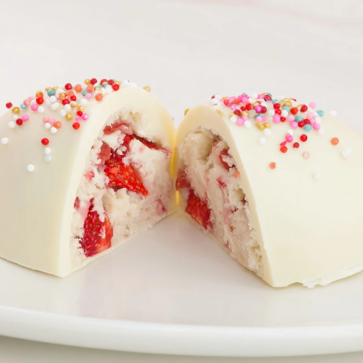 White chocolate Easter egg bombs filled with creamy strawberry shortcake mixture and fresh diced strawberries