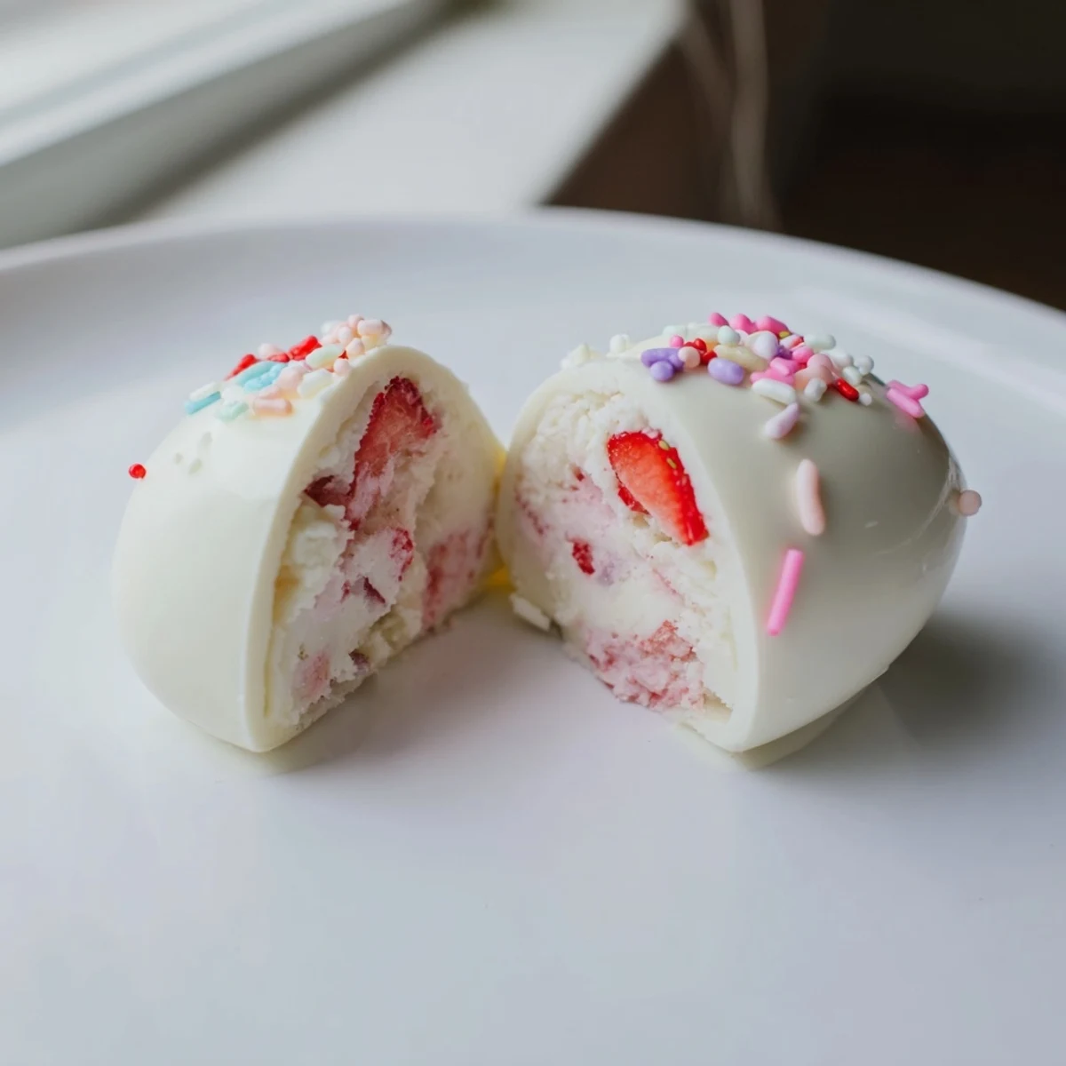 Pastel strawberry shortcake Easter egg bombs decorated with colorful sprinkles and edible gold leaf