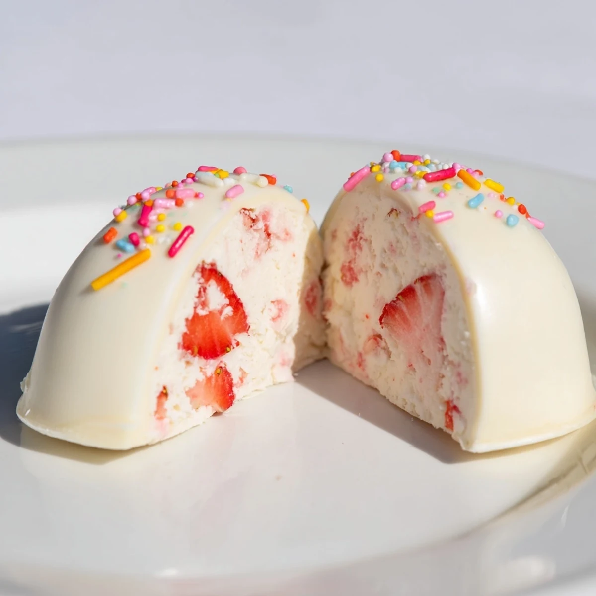 Handheld white chocolate eggs stuffed with strawberry cream filling and crumbled sponge cake