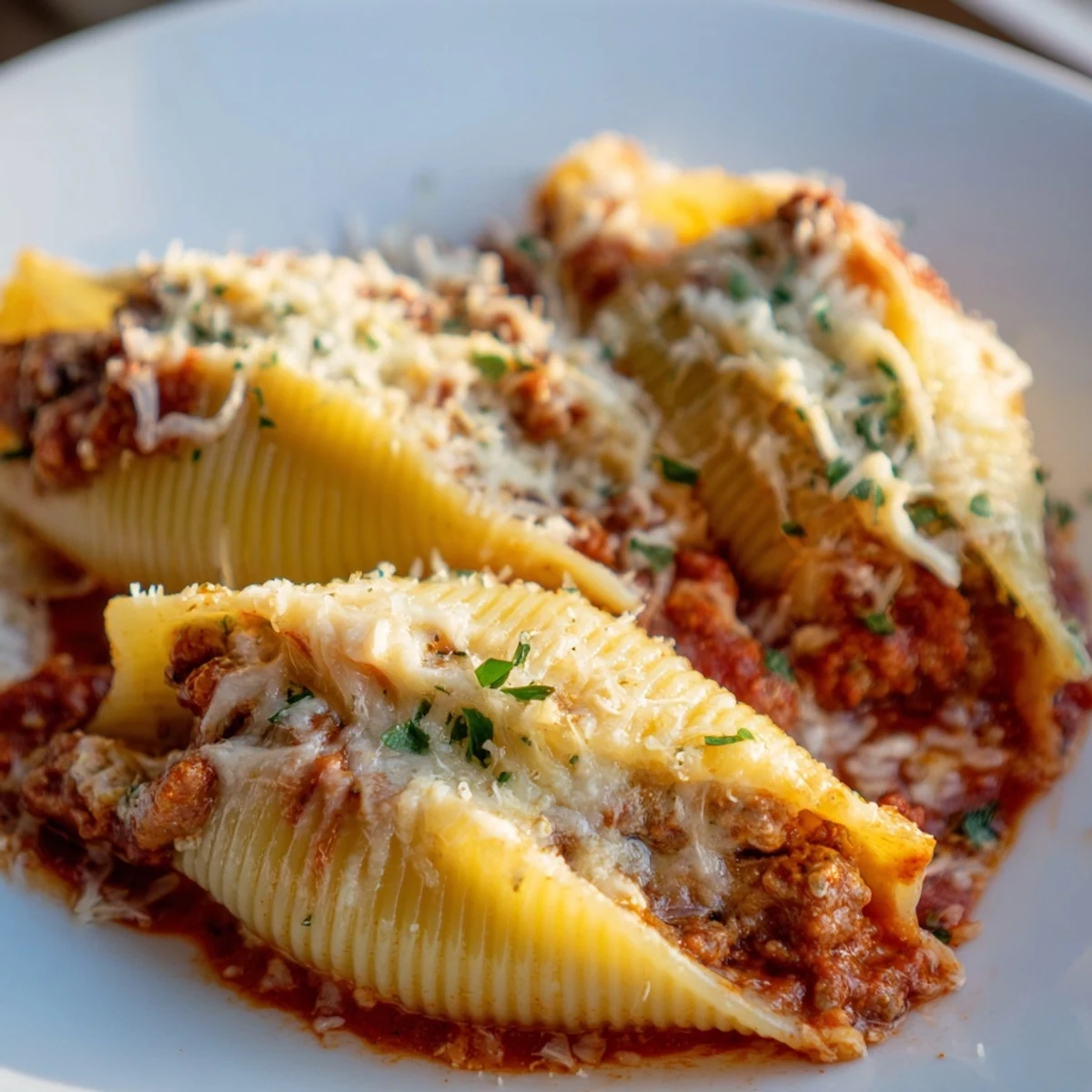 Golden baked pasta shells filled with seasoned beef and ricotta under melted mozzarella cheese