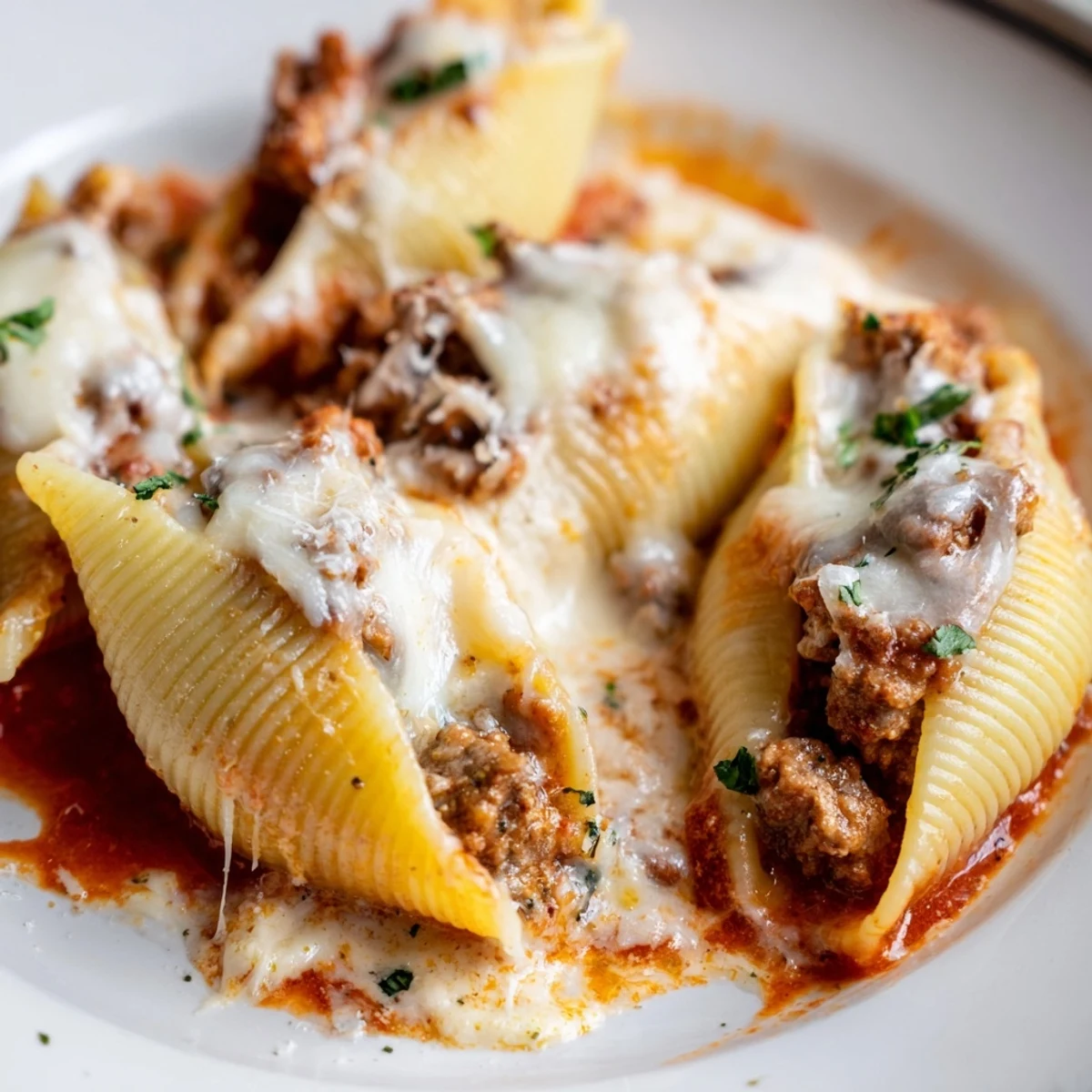 Jumbo stuffed shells swimming in creamy tomato sauce with a bubbling golden cheese topping