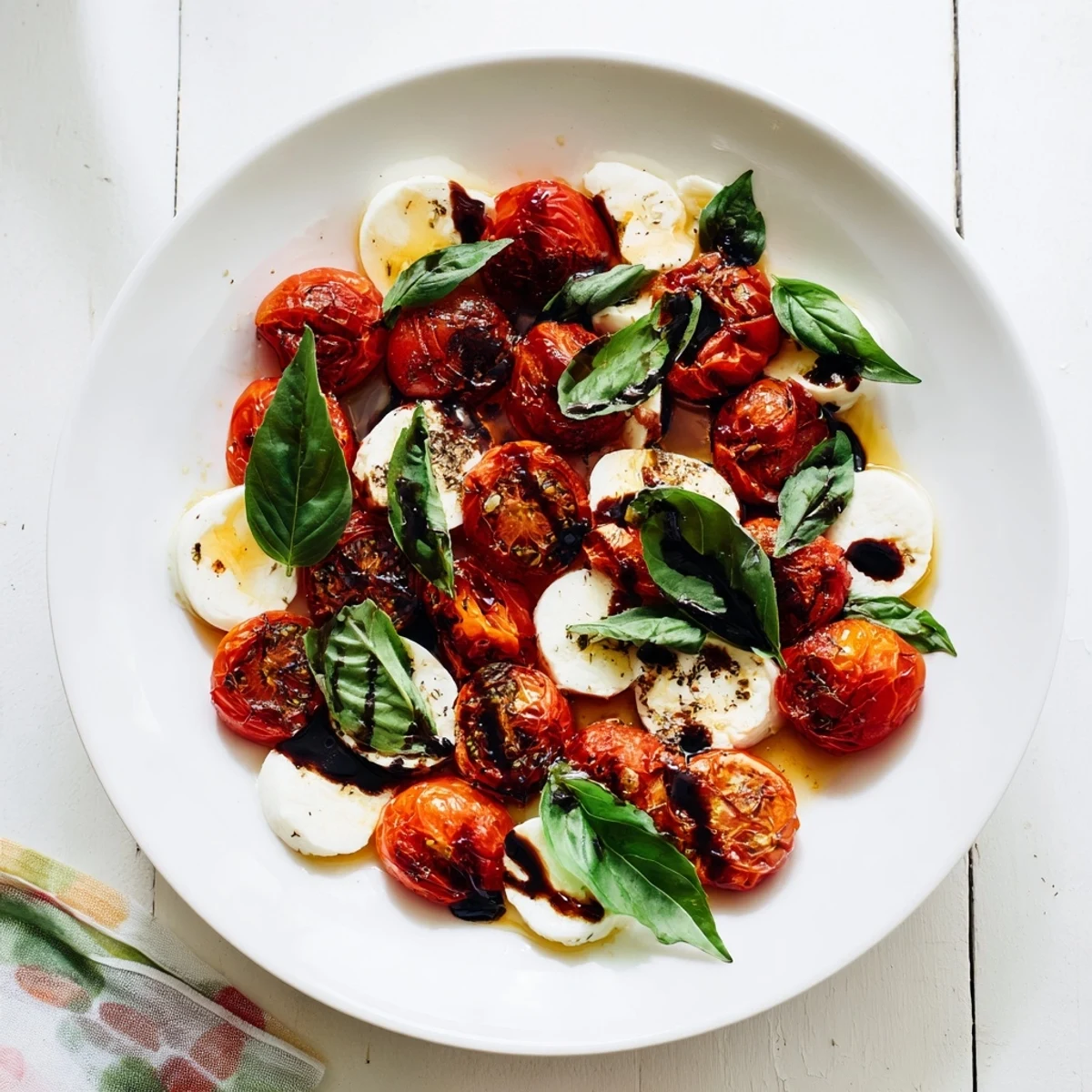 Golden roasted cherry tomatoes layered with fresh mozzarella and basil leaves drizzled with balsamic glaze on a white serving platter