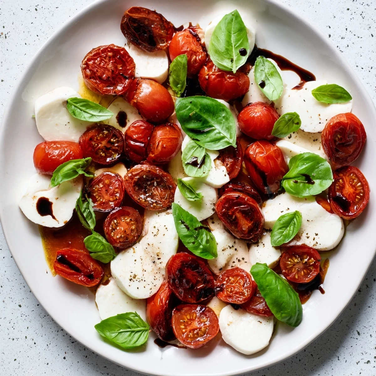 Vibrant roasted tomato Caprese salad featuring caramelized tomatoes alongside creamy mozzarella pearls and fragrant green basil