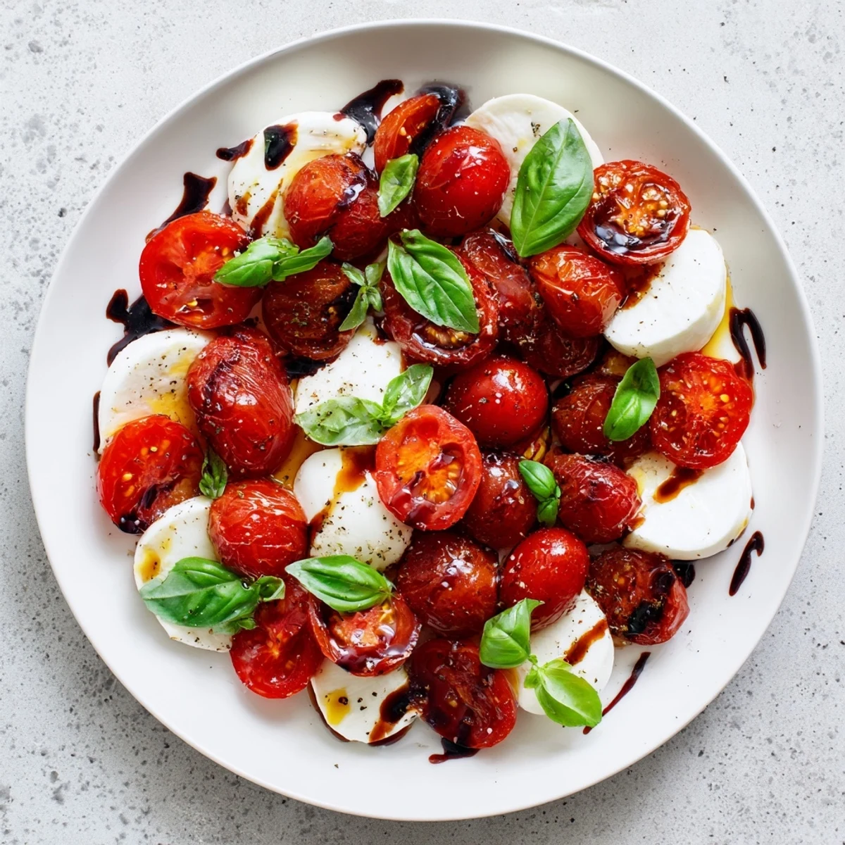 Warm roasted tomatoes paired with slices of fresh mozzarella and whole basil leaves finished with dark balsamic swirls