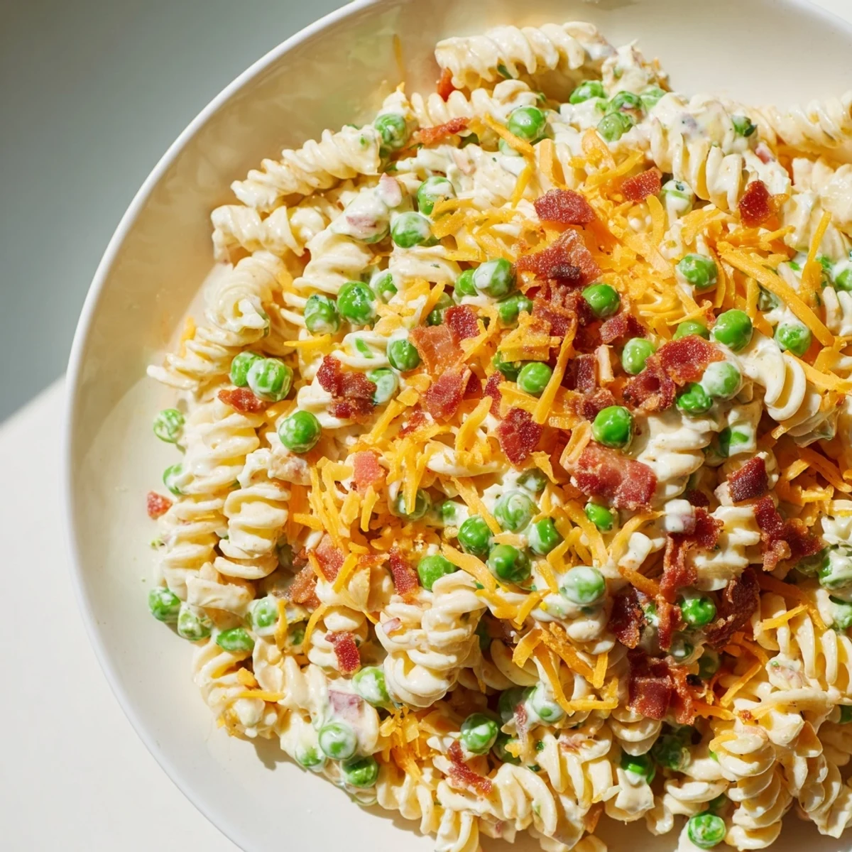 Creamy crack pasta salad loaded with crispy bacon, cheddar, and peas in a ranch dressing