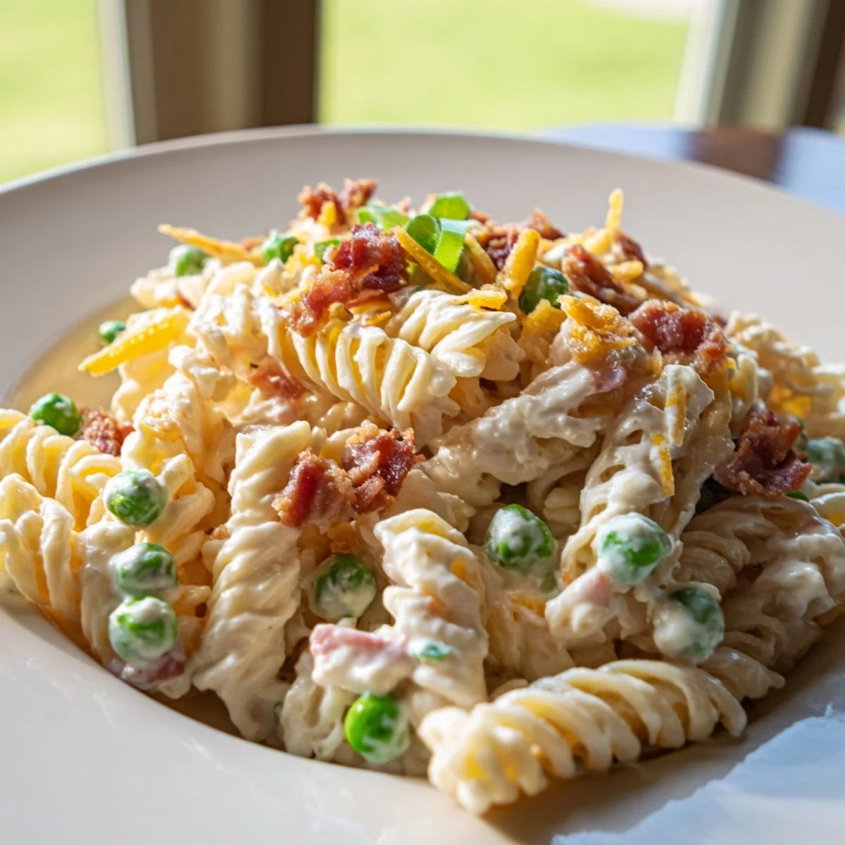 Cold pasta salad featuring rotini noodles mixed with bacon, cheese, and green onions in creamy dressing