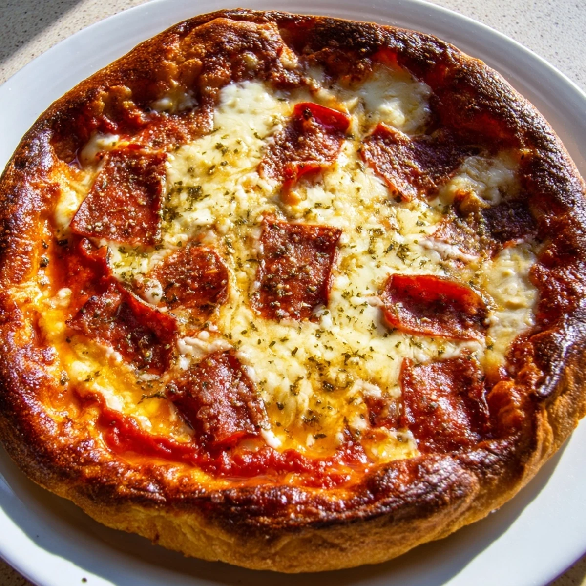 Thick crust Pizza Hut pan pizza fresh from the oven with golden edges and red sauce