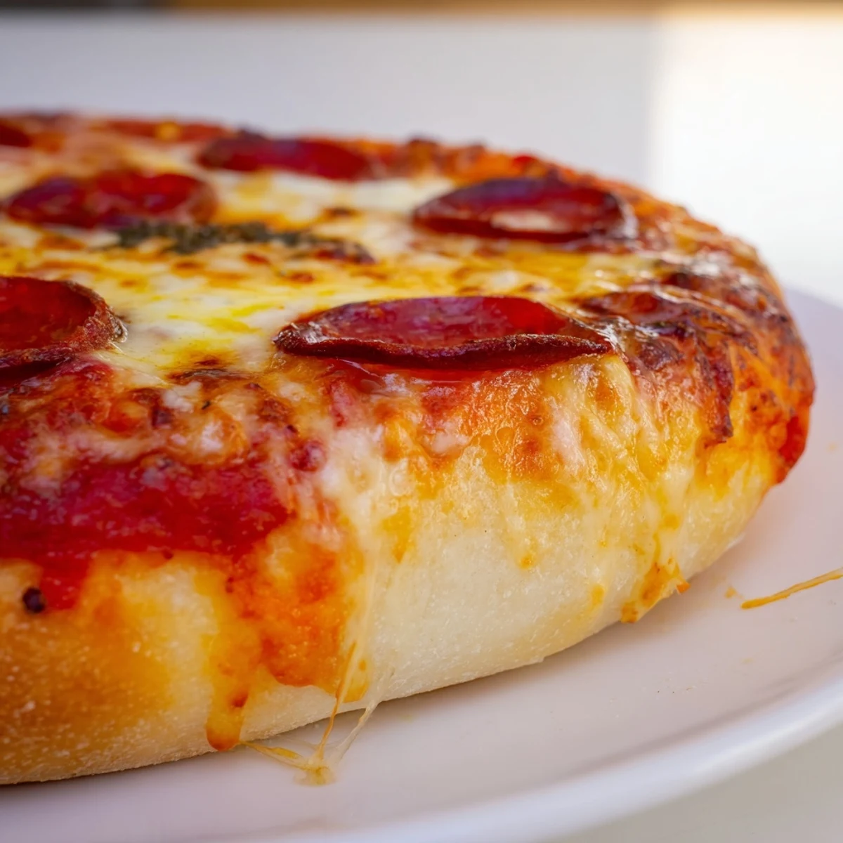 Golden homemade Pizza Hut pan pizza with bubbly melted cheese and crispy pepperoni slices