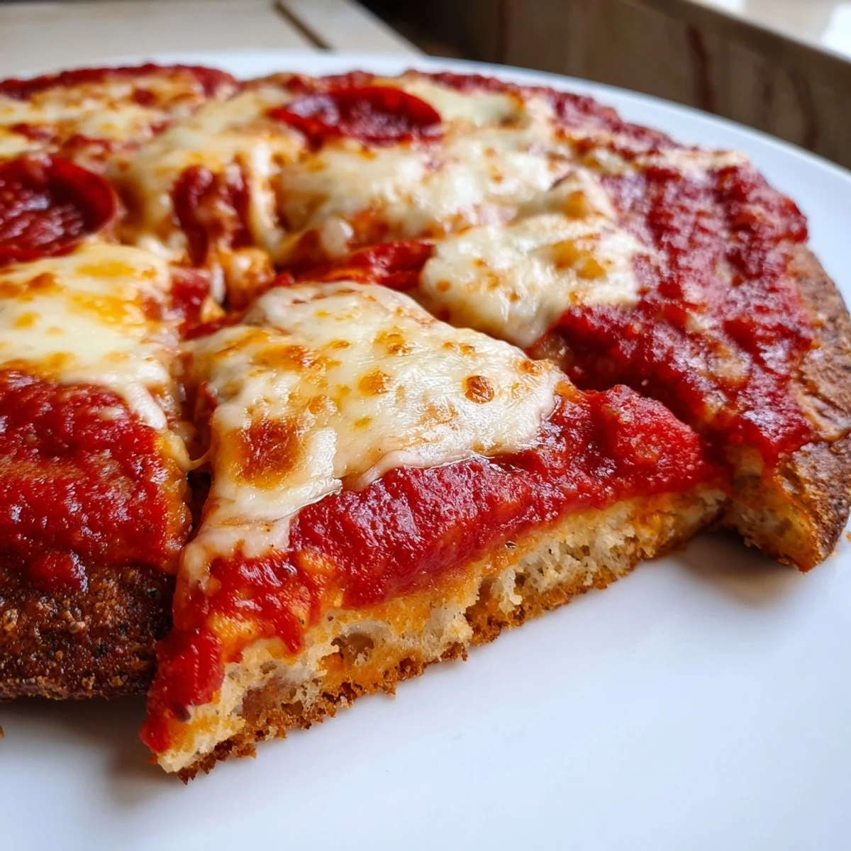 Delicious Pizza Hut pan pizza with soft chewy interior topped with mozzarella and pepperoni