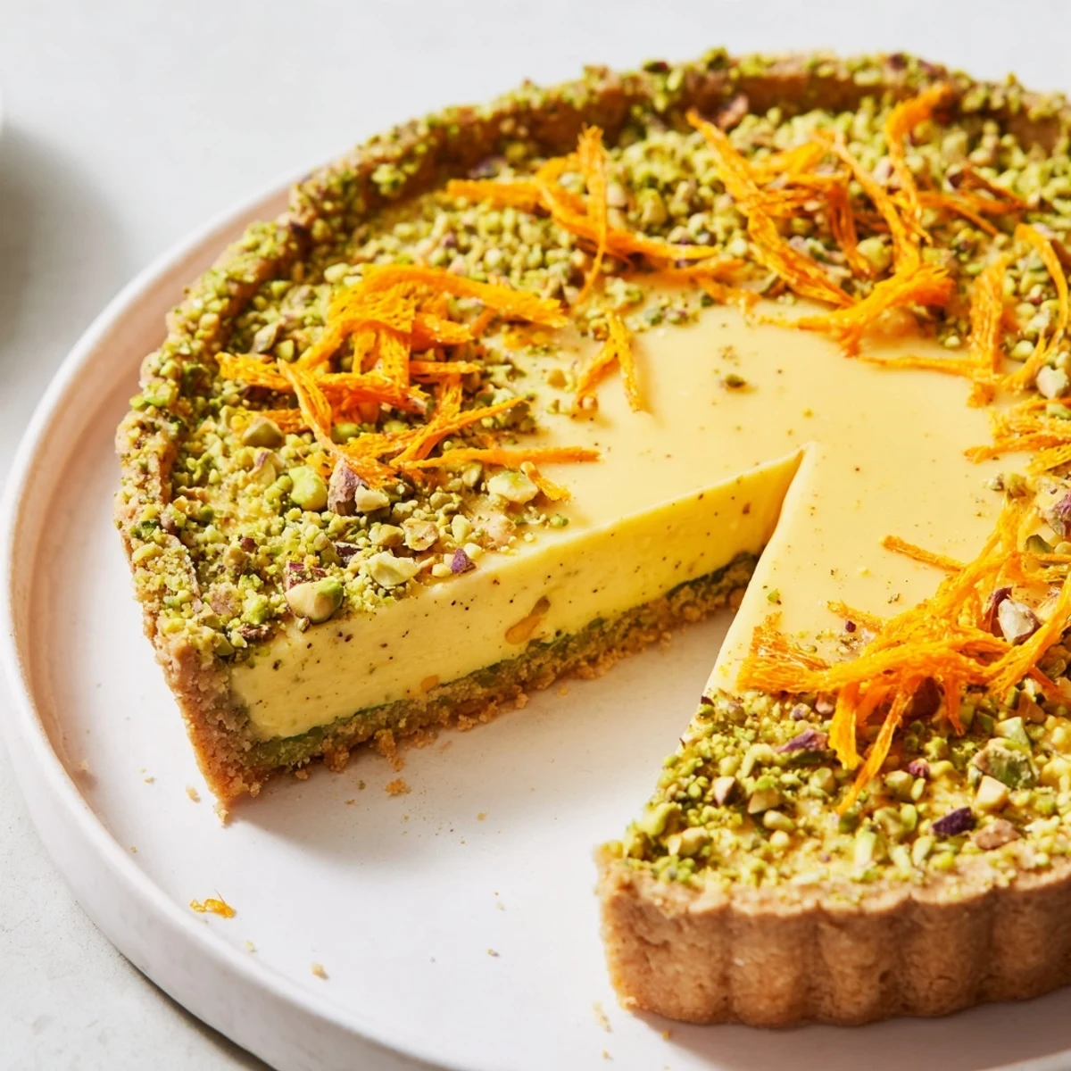 Golden orange cardamom tart with creamy custard filling in a crisp pistachio crust garnished with chopped nuts
