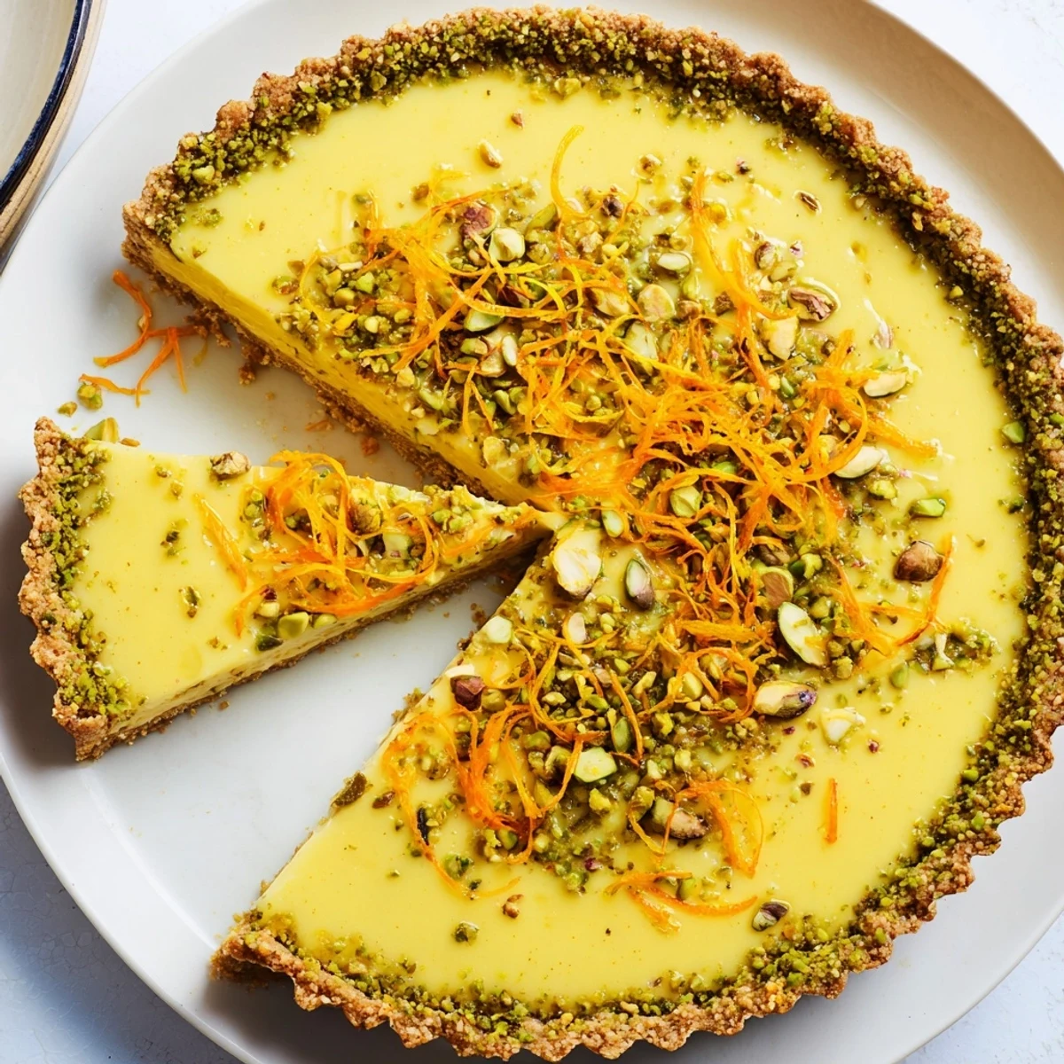 Elegant dessert slice showcasing bright orange cardamom filling on a green nutty pistachio crust