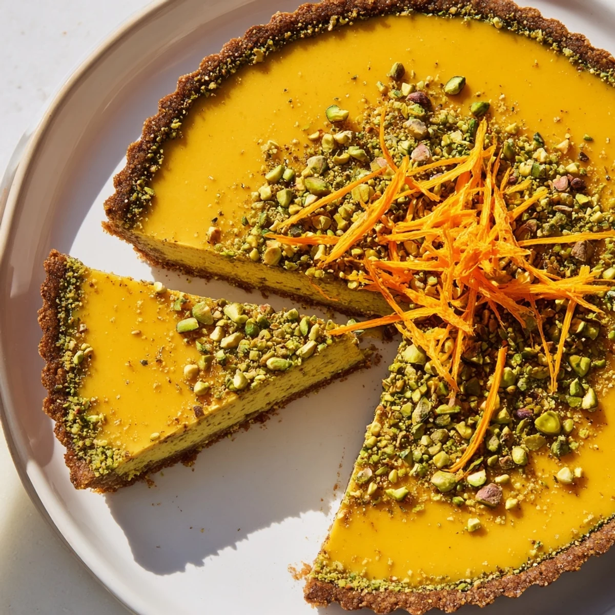 Creamy orange cardamom tart rests on flaky pistachio base topped with fresh zest and nut crunch