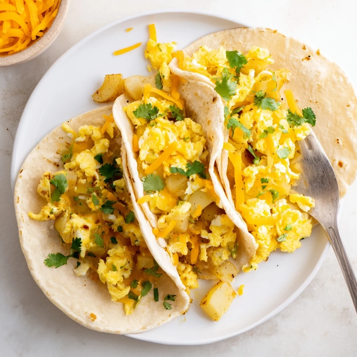 Golden potato egg cheese breakfast tacos loaded with fluffy scrambled eggs and melted cheddar