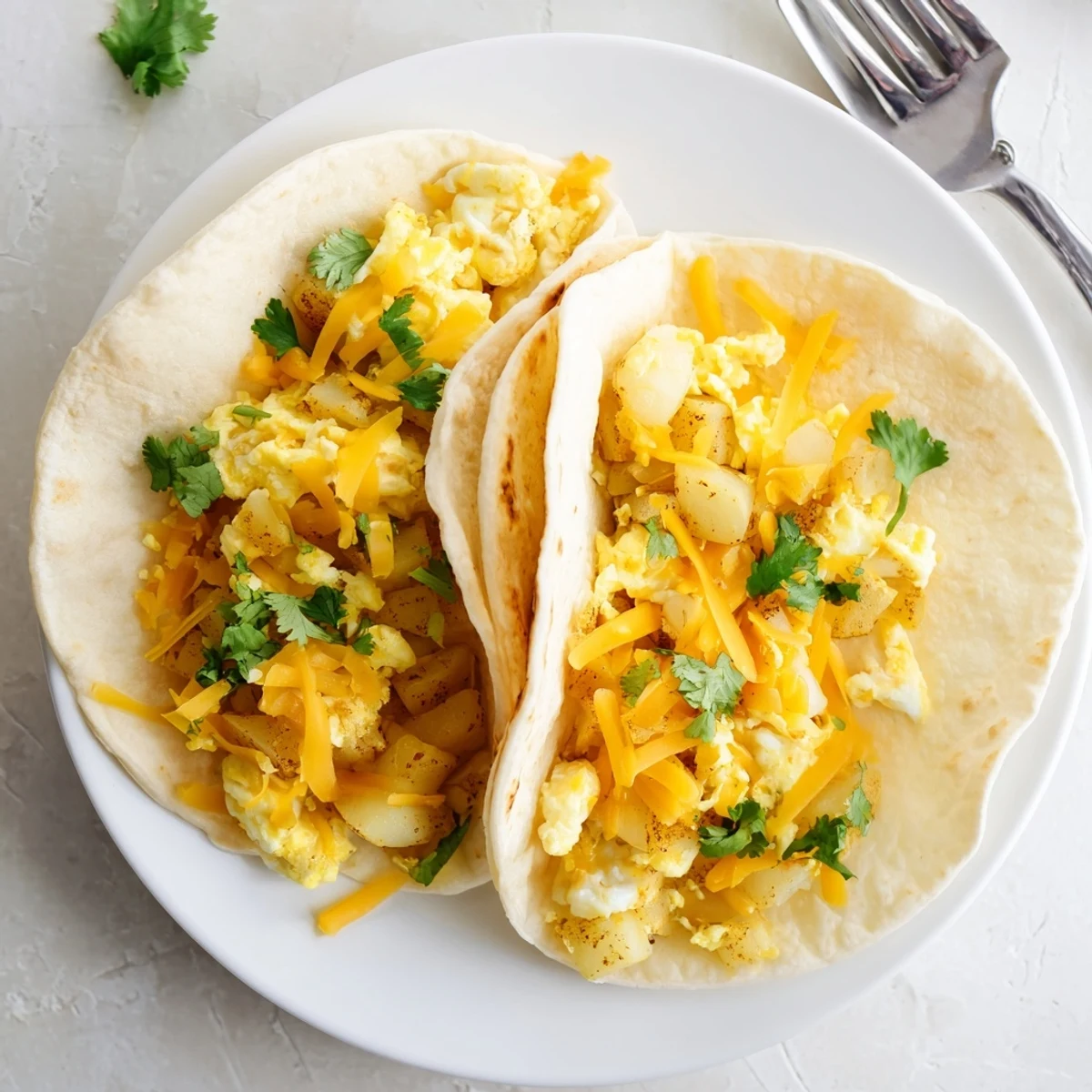 Warm flour tortillas filled with crispy potatoes, scrambled eggs, and savory melted cheese breakfast tacos