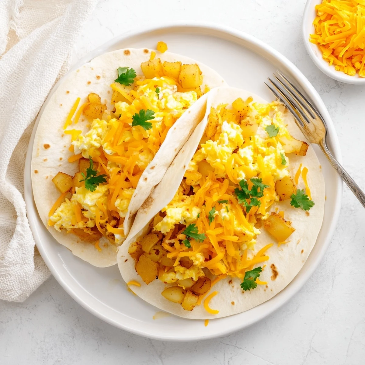 Hearty potato egg cheese breakfast tacos topped with fresh cilantro and served with vibrant salsa