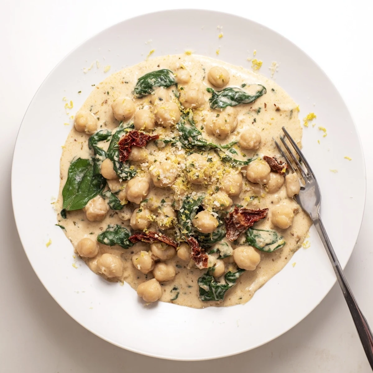 Golden chickpeas coated in a rich parmesan cream sauce with herbs and sun-dried tomato pieces