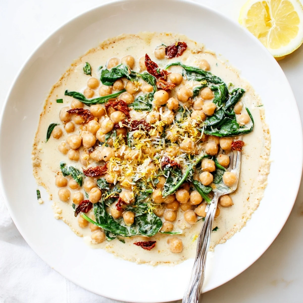 Vegetarian Marry Me Chickpeas bowl featuring tender chickpeas in a spiced cream sauce with fresh basil garnish