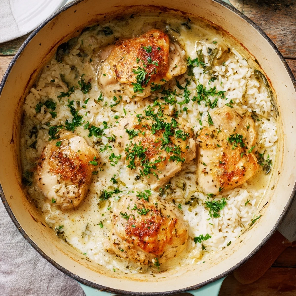 Creamy one pot angel chicken rice bake with golden browned chicken and tender rice in rich sauce