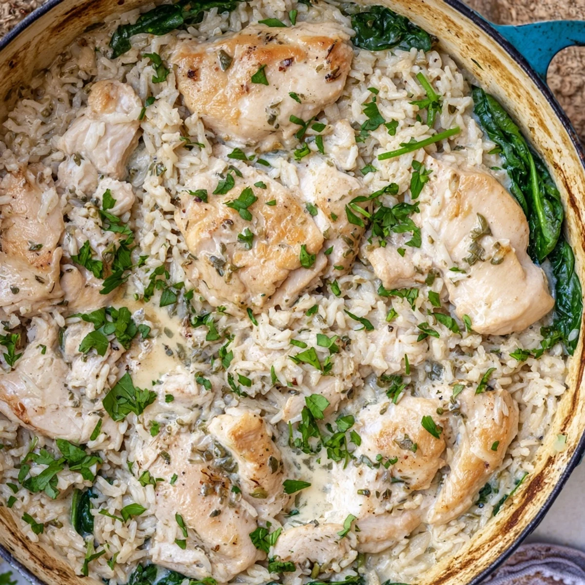Savory one pot angel chicken rice casserole garnished with fresh parsley showing creamy texture and baked chicken