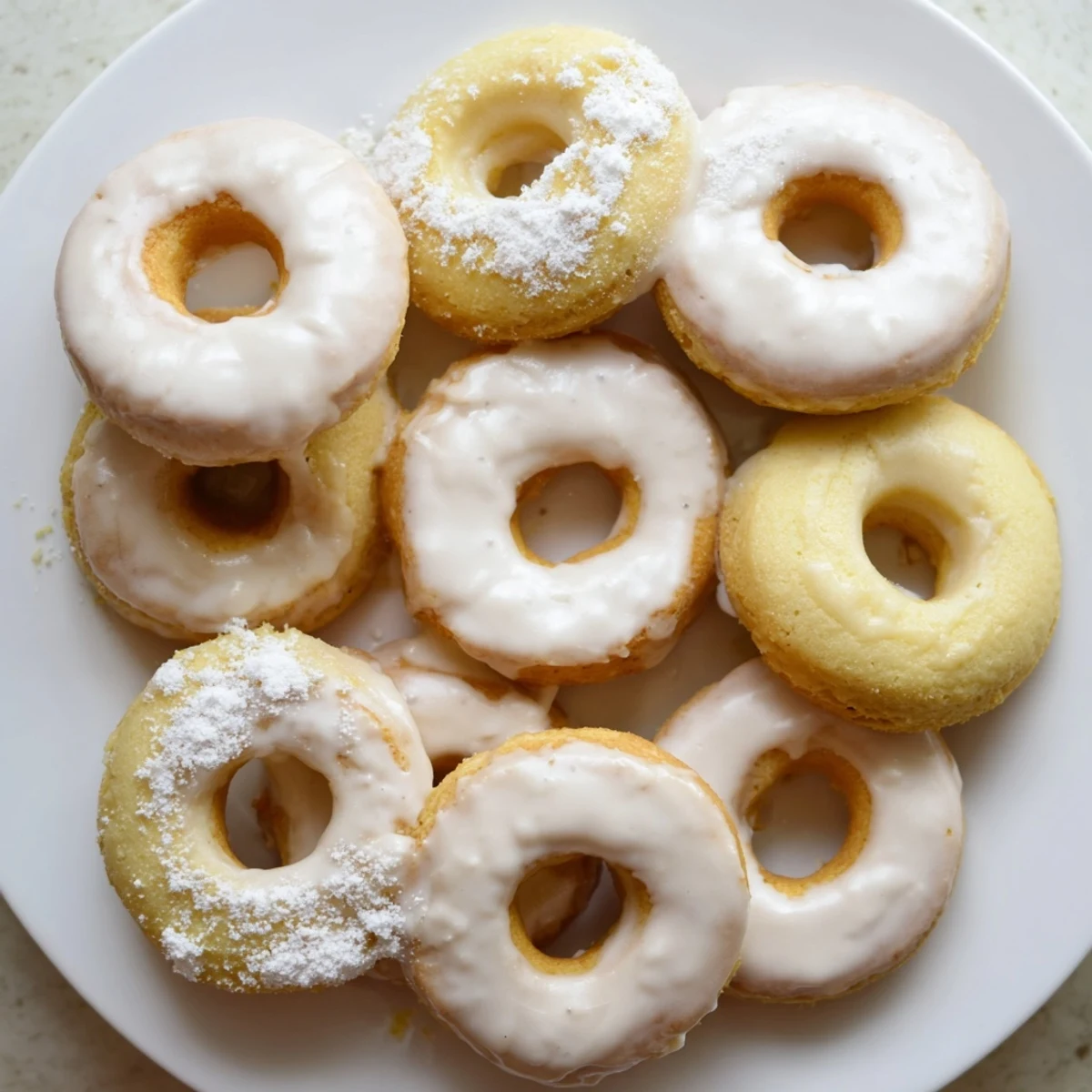 Light and fluffy Greek yogurt cake donuts with cinnamon sugar coating arranged on a wire cooling rack