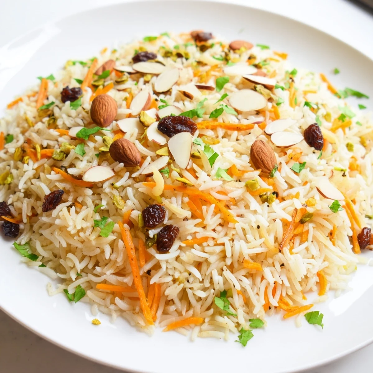 Golden Afghan rice topped with caramelized carrots, plump raisins, and toasted almond slices
