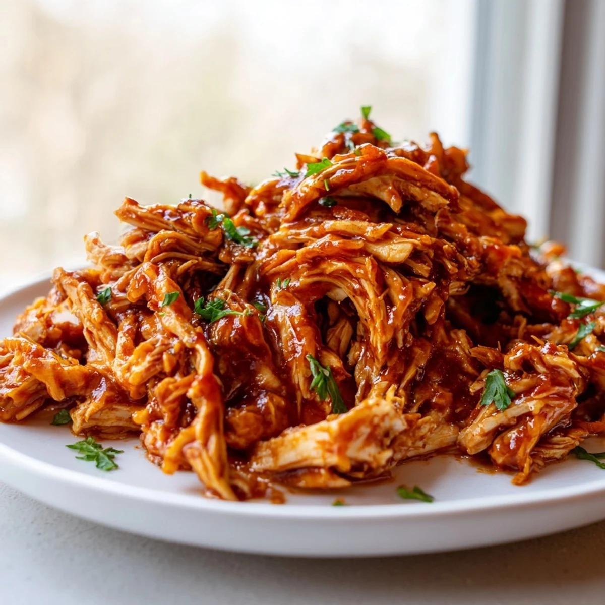 Tender Sweet Baby Ray's Crockpot Chicken glistening with rich barbecue sauce on a white plate