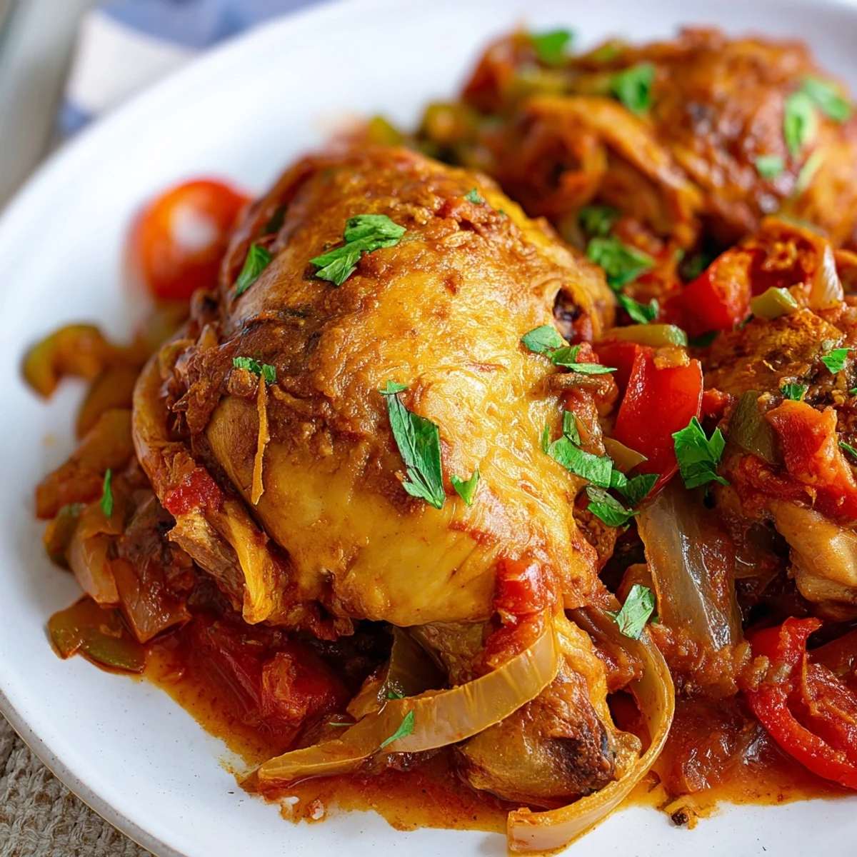 Tender Senegalese chicken simmered in rich tomato sauce with colorful bell peppers and aromatic spices