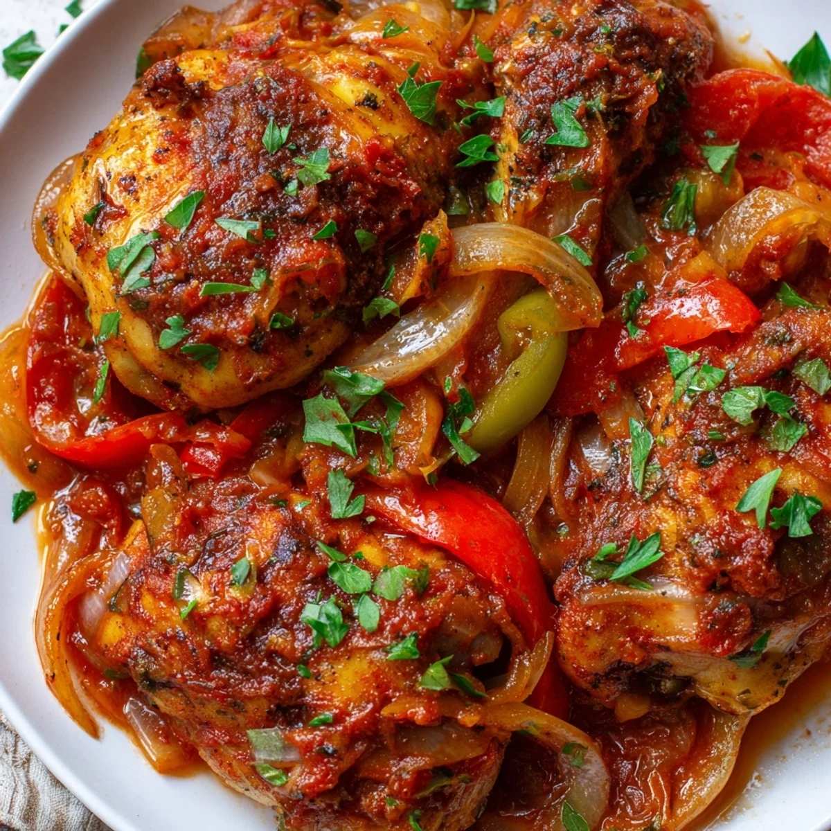 Golden brown Senegalese chicken pieces nestled in thick, savory onion and tomato stew