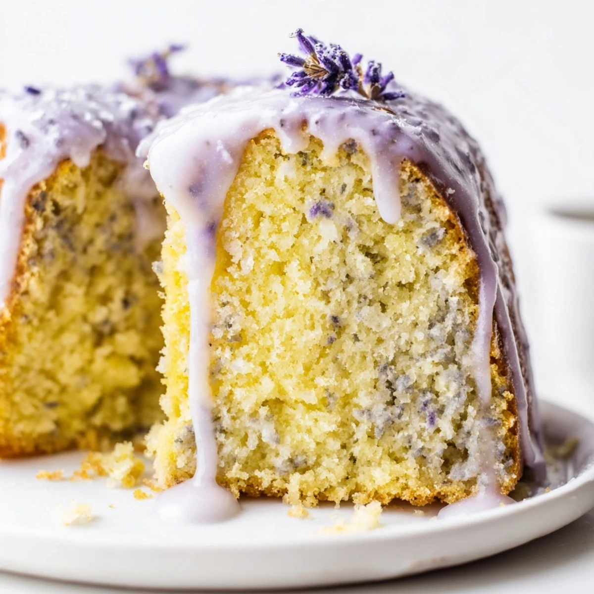 Lavender cake with lemon glaze drizzled over a tender golden crumb