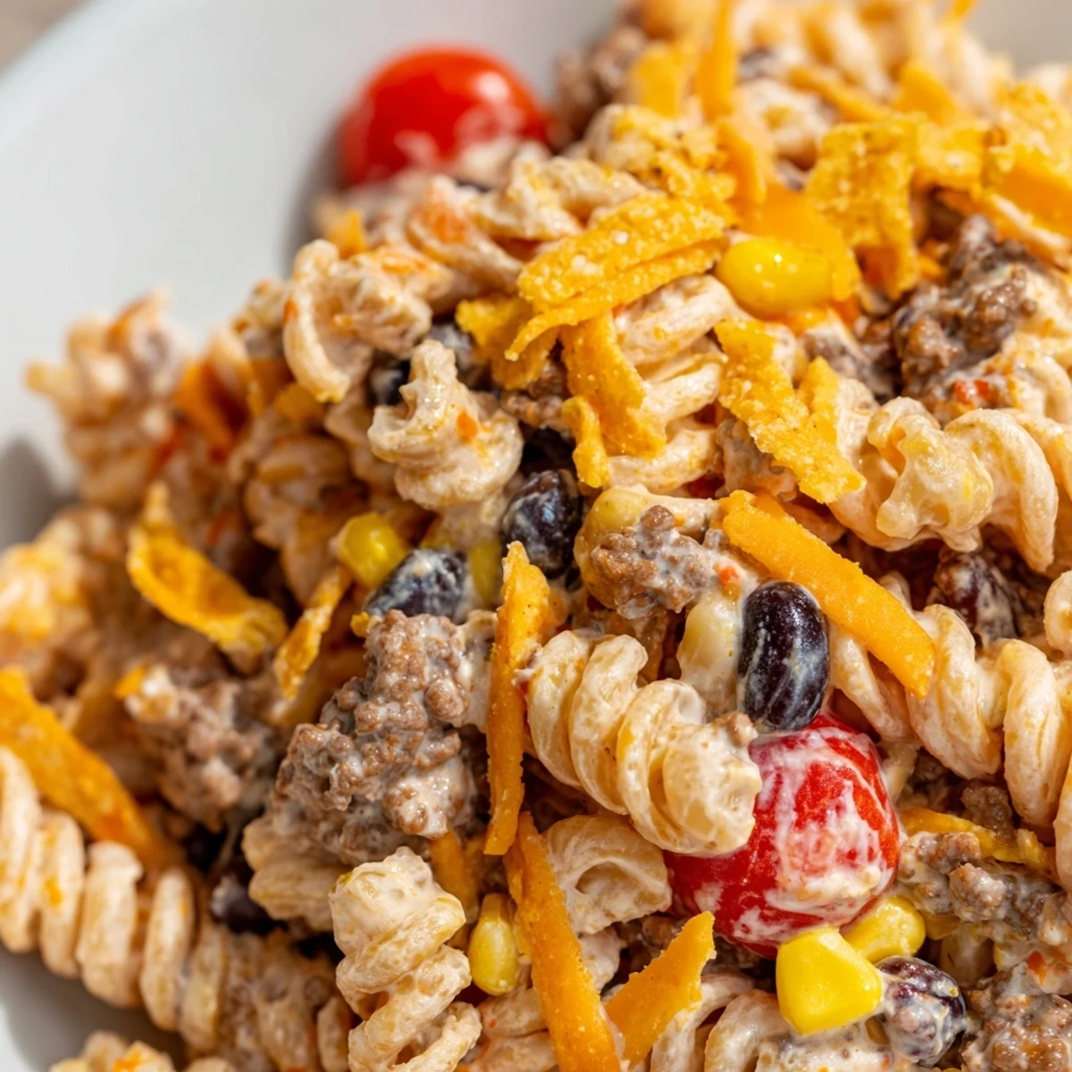 Colorful taco pasta salad in a serving bowl with tomatoes, corn, beans, and cheddar cheese topped with crushed tortilla chips