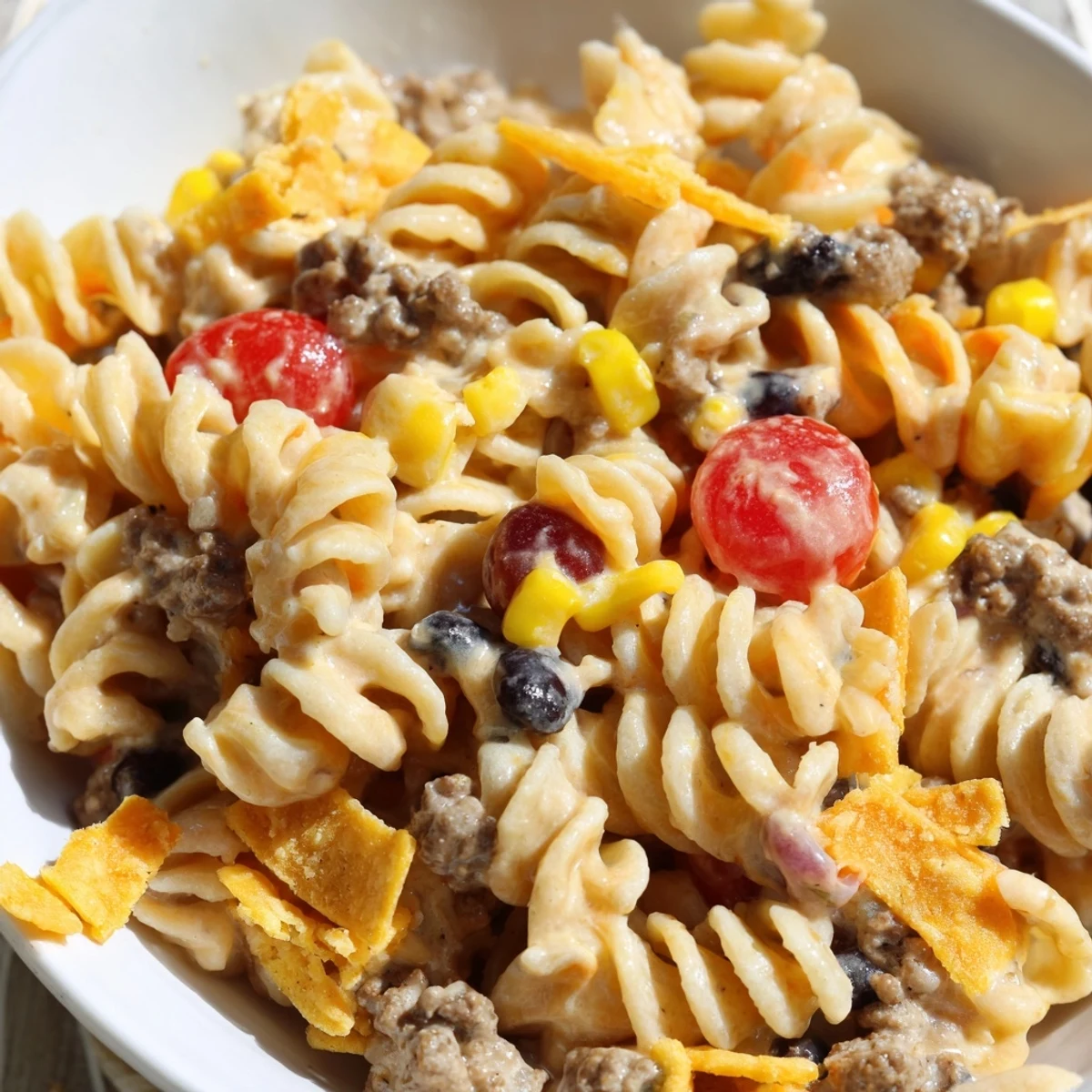 Creamy taco pasta salad featuring tender rotini, black beans, bell peppers, and zesty lime dressing garnished with fresh cilantro