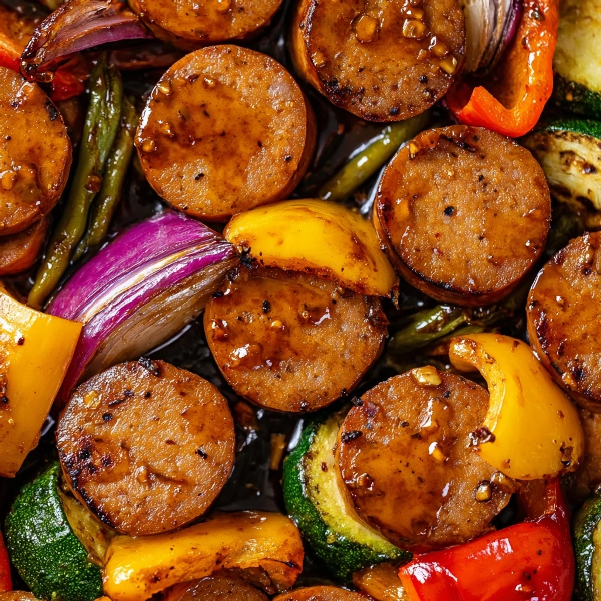 Honey Garlic Kielbasa Veggies in a cast iron skillet with glossy sauce coating every piece