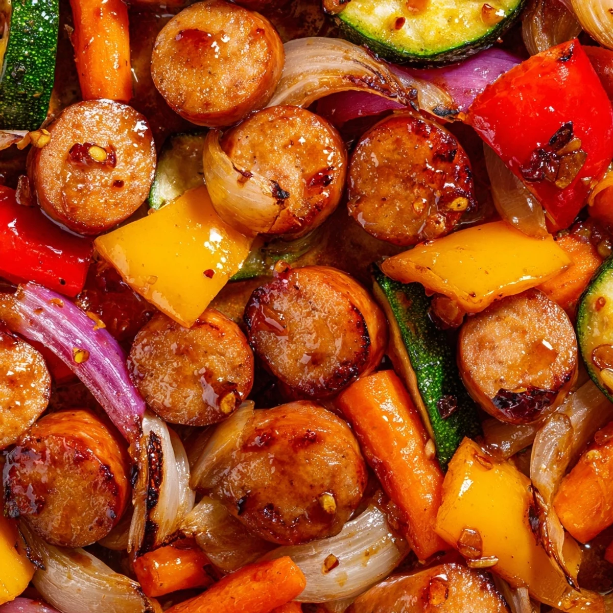 Colorful Honey Garlic Kielbasa Veggies featuring tender sausage crisp peppers and sweet glazed carrots