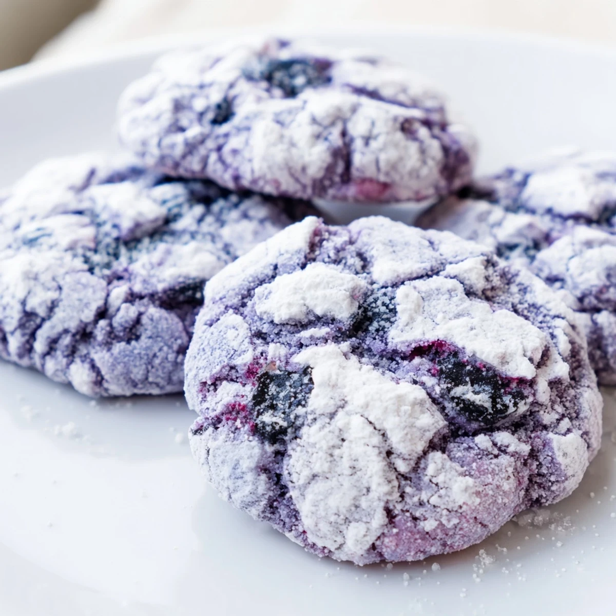 Soft blueberry crinkle cookies dusted with snowy powdered sugar on a rustic baking sheet.