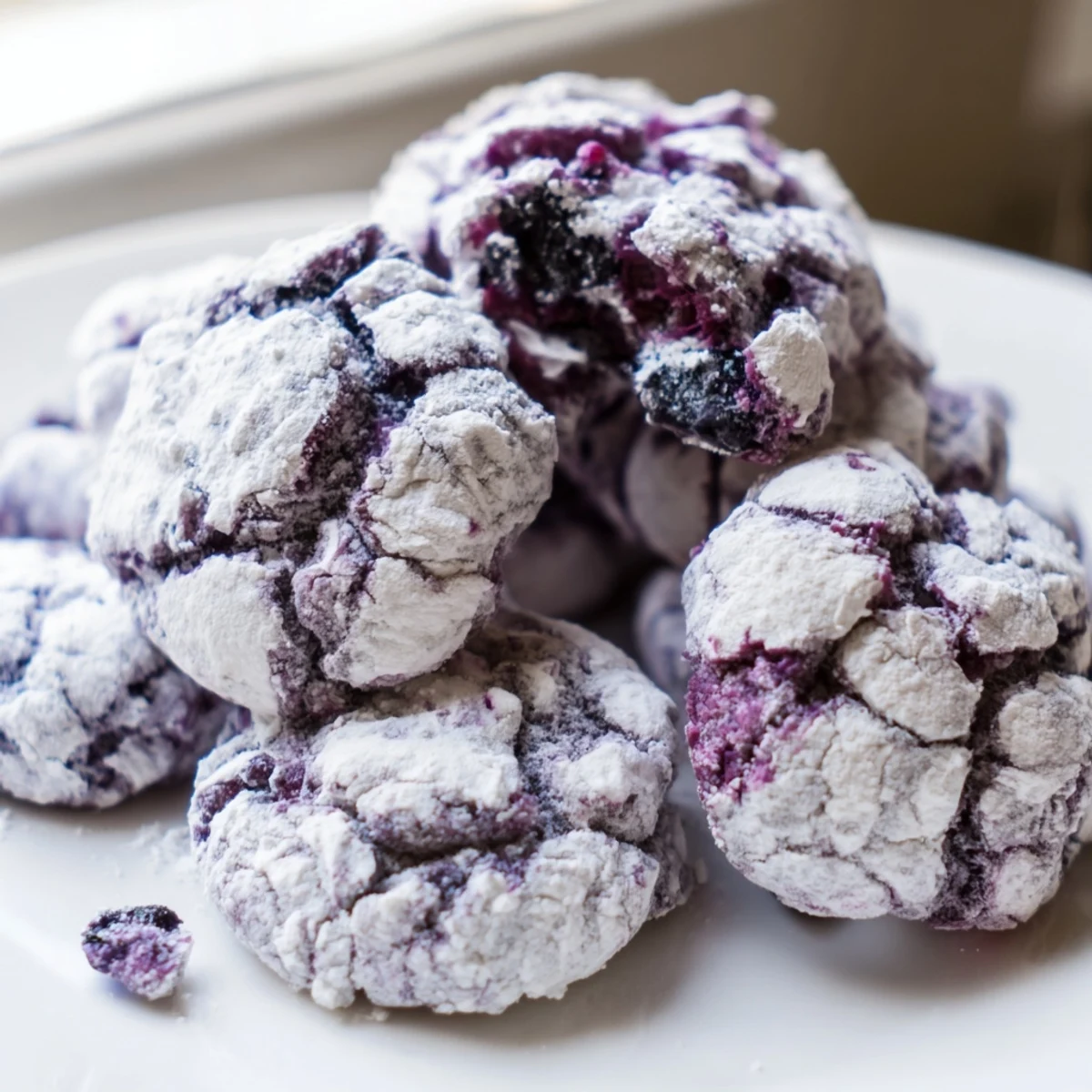 Golden blueberry crinkle cookies with crackled tops bursting with juicy purple berry spots.