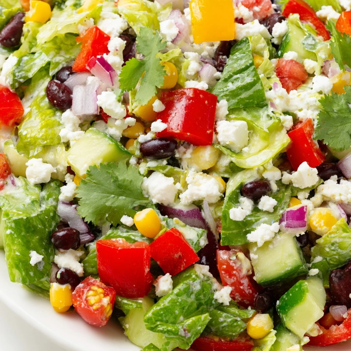 Colorful Mexican chopped salad in a white bowl with fresh vegetables and creamy avocado