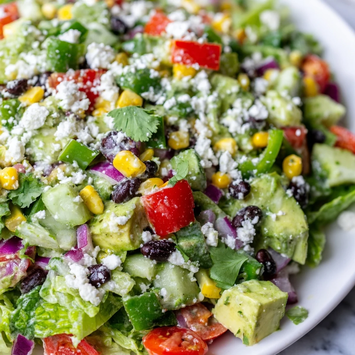 Mexican chopped salad topped with crumbled cotija cheese and zesty lime cilantro dressing