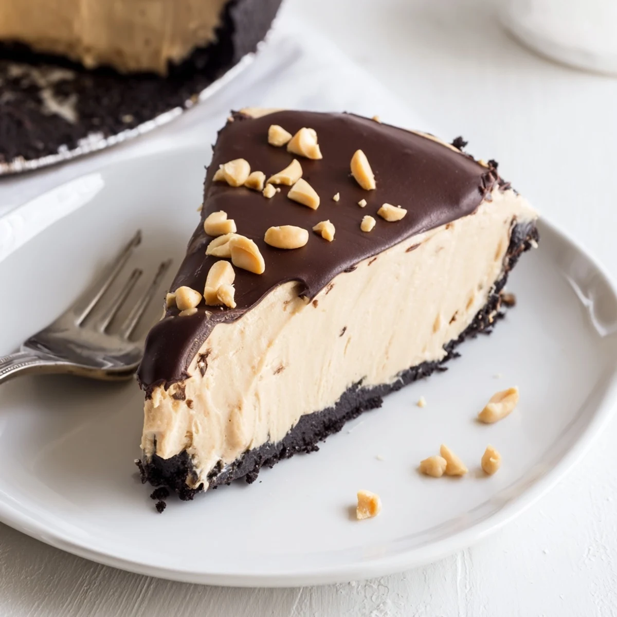 Creamy no bake peanut butter pie sliced and served on a white dessert plate