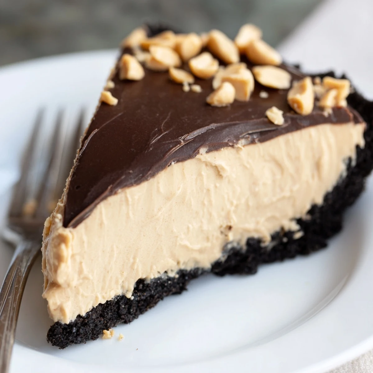 No bake peanut butter pie topped with glossy chocolate ganache and chopped peanuts