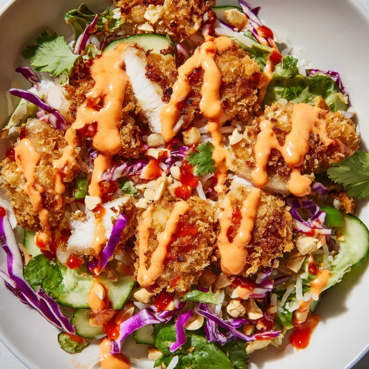 Golden crispy rice and tender sliced chicken top this vibrant Bang Bang Chicken salad.
