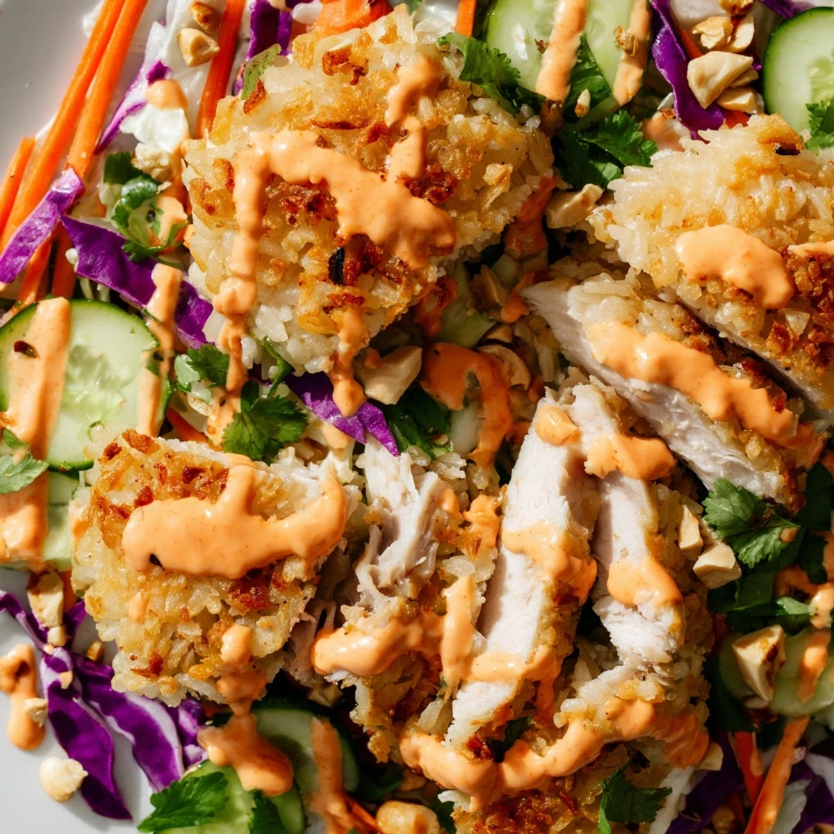 Creamy spicy sauce drizzles over fresh vegetables and crispy rice in Bang Bang Chicken salad.