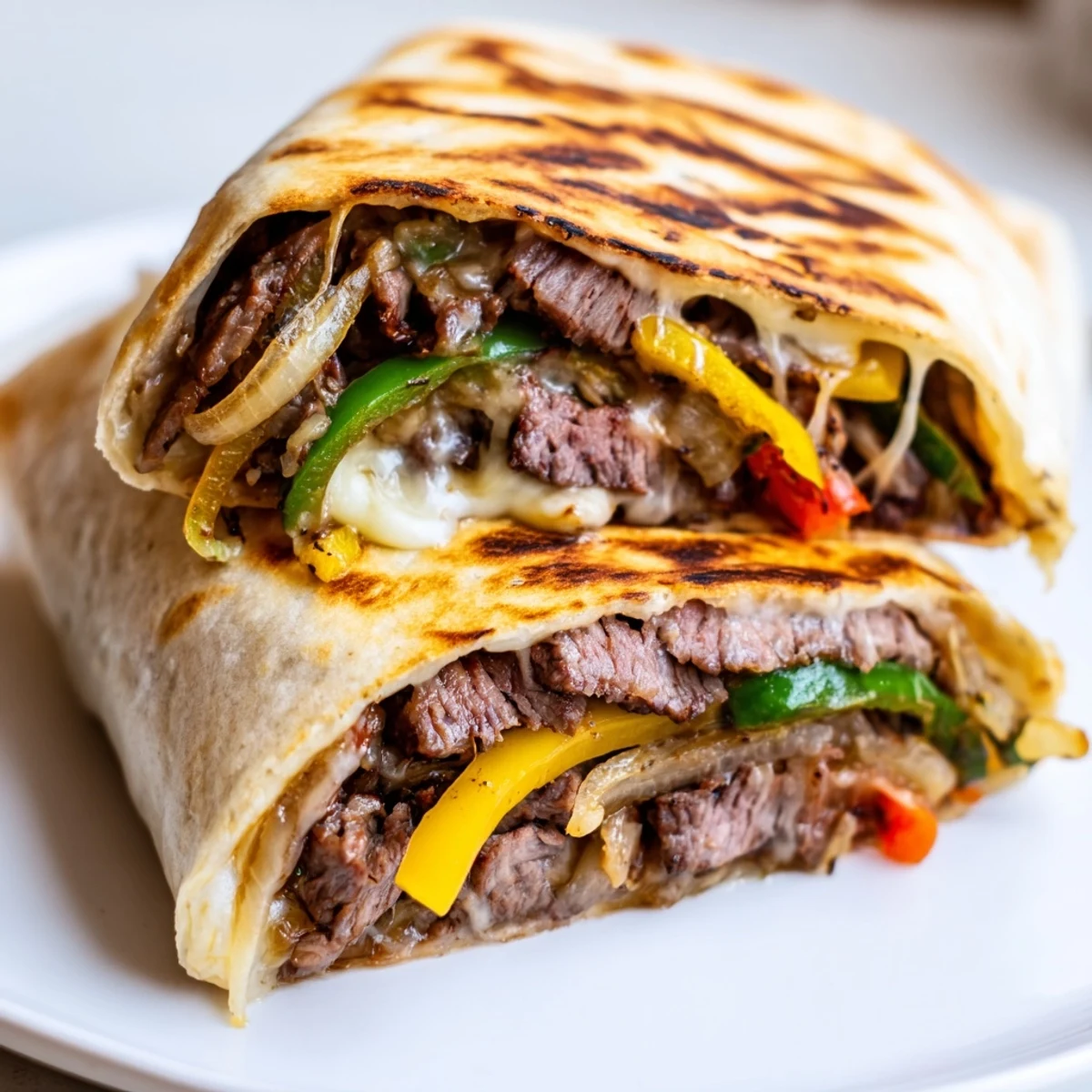 Golden crispy Philly cheesesteak grilled wraps with melted provolone and sautéed peppers.