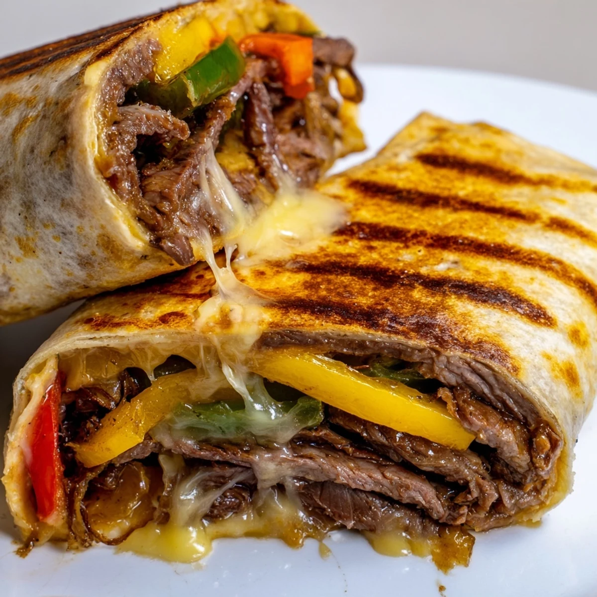 Philly cheesesteak grilled wraps sliced open revealing tender steak and gooey cheese.