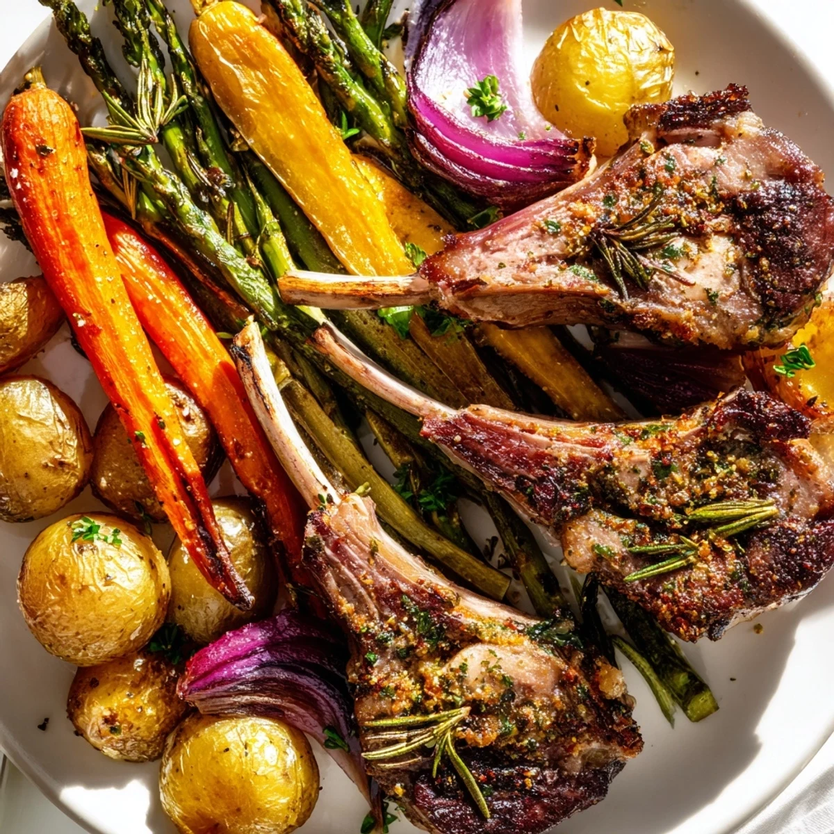 Golden herb-crusted lamb chops and roasted vegetables on Easter dinner sheet pan