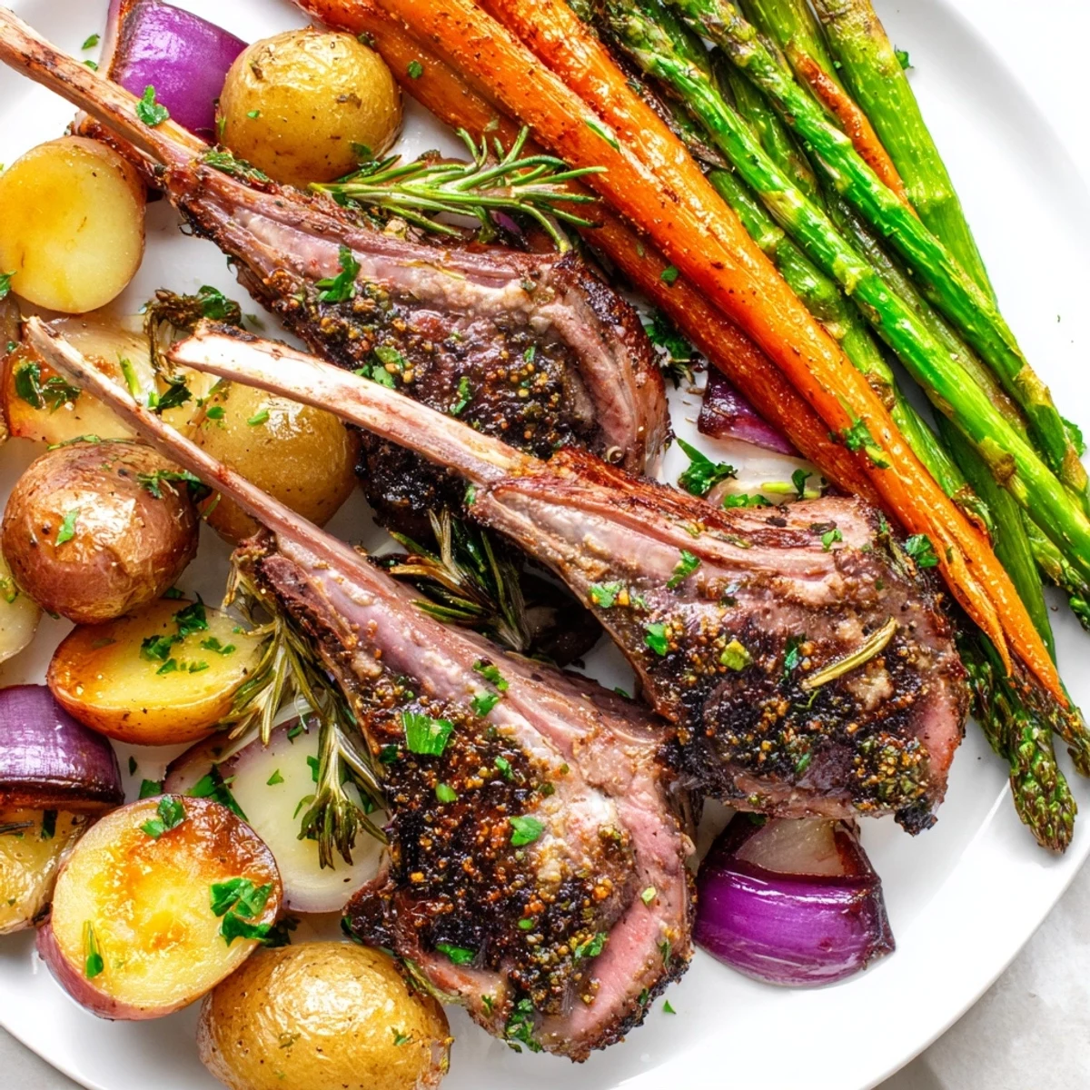 Tender rosemary lamb chops surrounded by colorful roasted carrots potatoes asparagus sheet pan