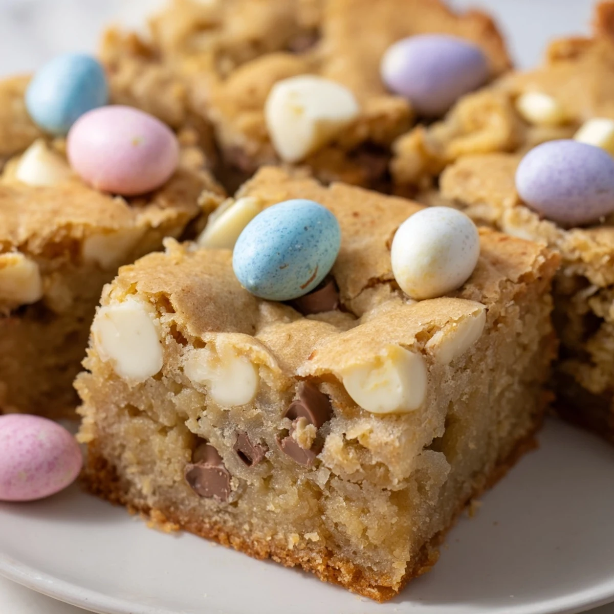 Golden chewy Cadbury Easter Egg Blondies topped with colorful candy-coated chocolate eggs on a rustic cutting board