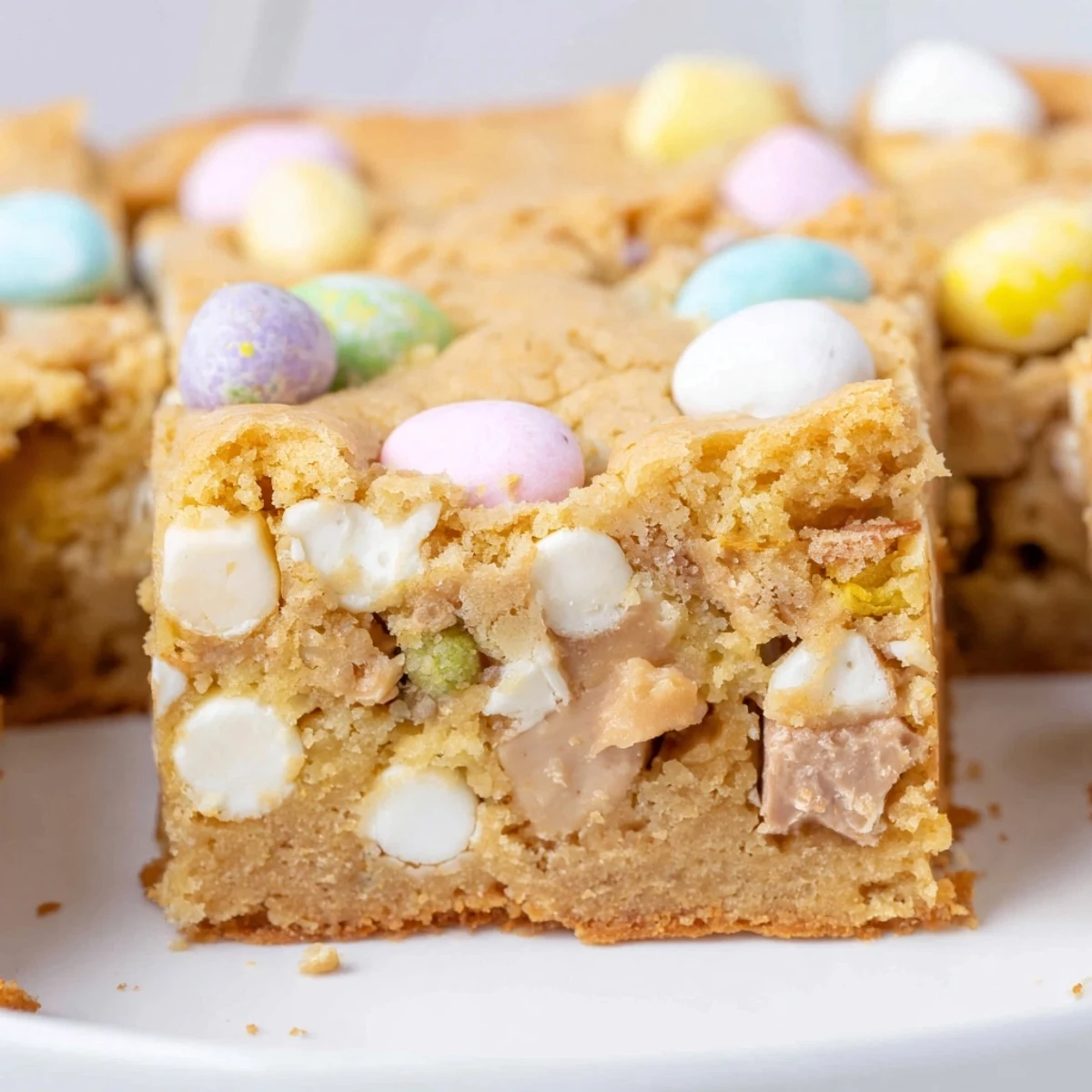 Chewy homemade Cadbury Easter Egg Blondies studded with pastel mini chocolate eggs and gooey white chocolate chips